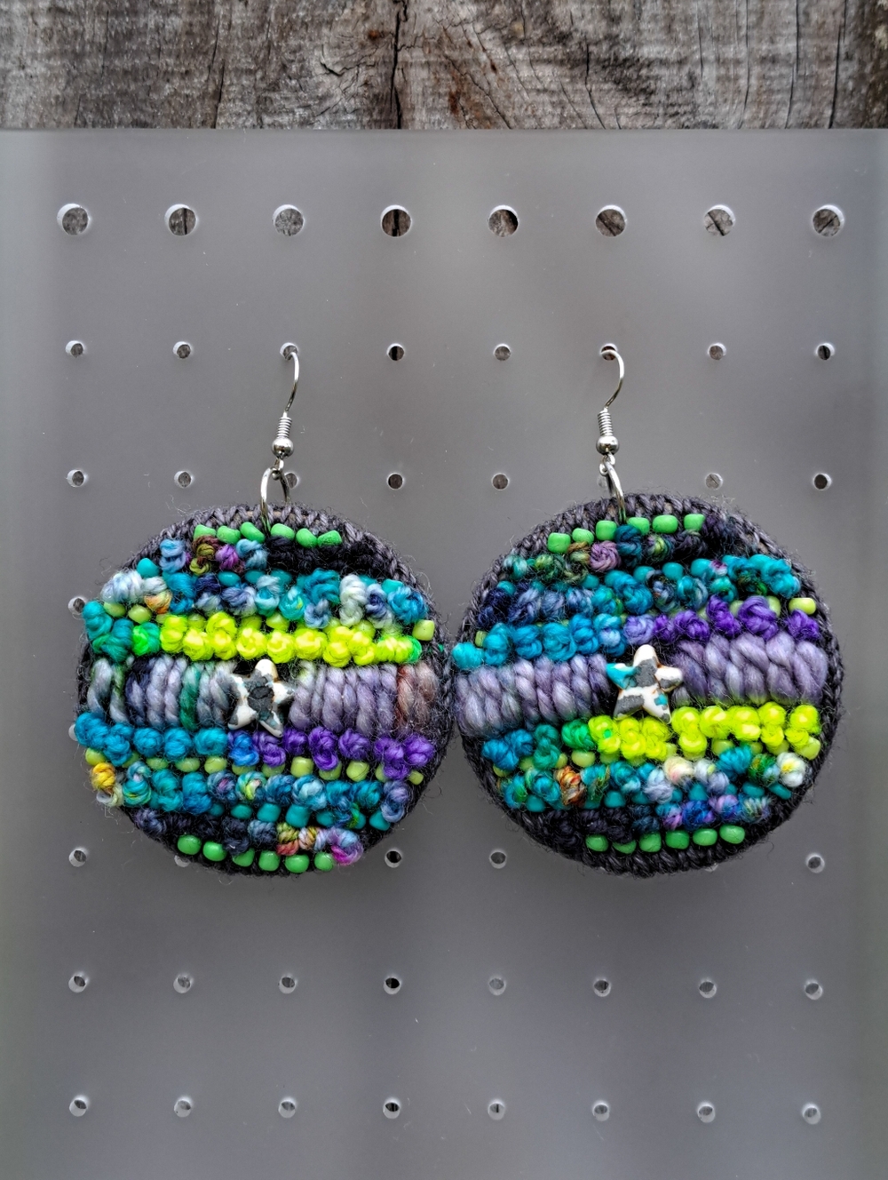 Handknitted Multicolor Round Drop Earrings - Neon Yellow & Purple